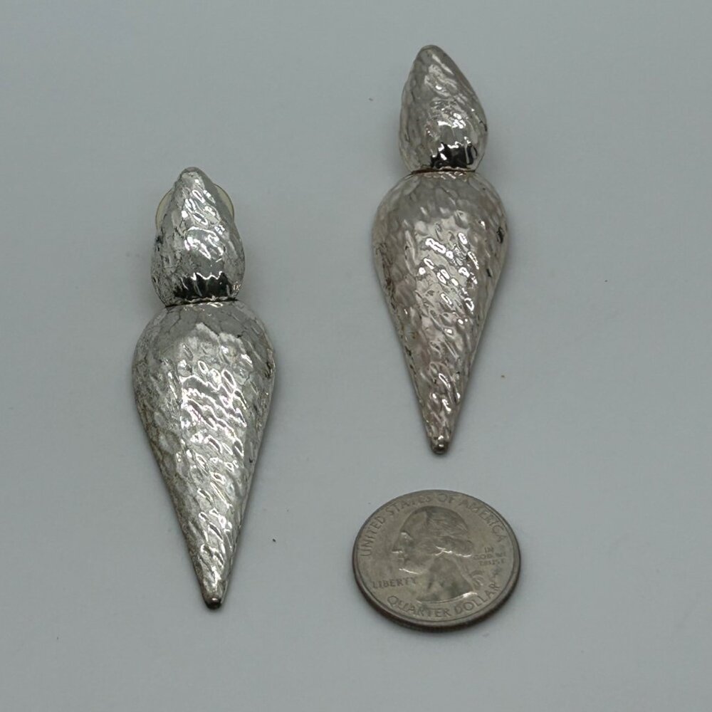 Vintage Chicos Earrings, Hammered Silvertone, Teardrop Dangle Statement - Picture 4 of 10